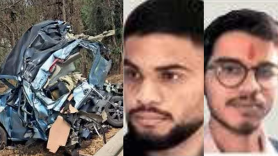 mangled remains of the vehicle in which the trio was returning to city omkumar borse shreyansh sharma